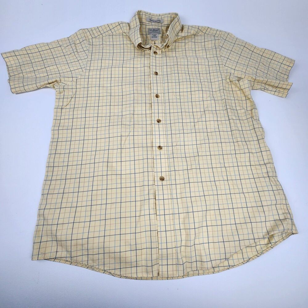 L.L.Bean Wrinkle Resistant Button Front Shirt Men's Large Reg Yellow Blue Plaid